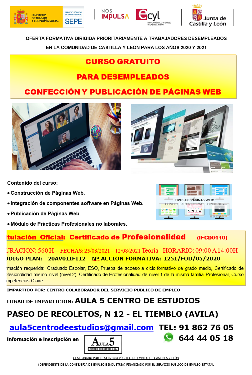 Cartel curso confeccion y publicacion de pagians web